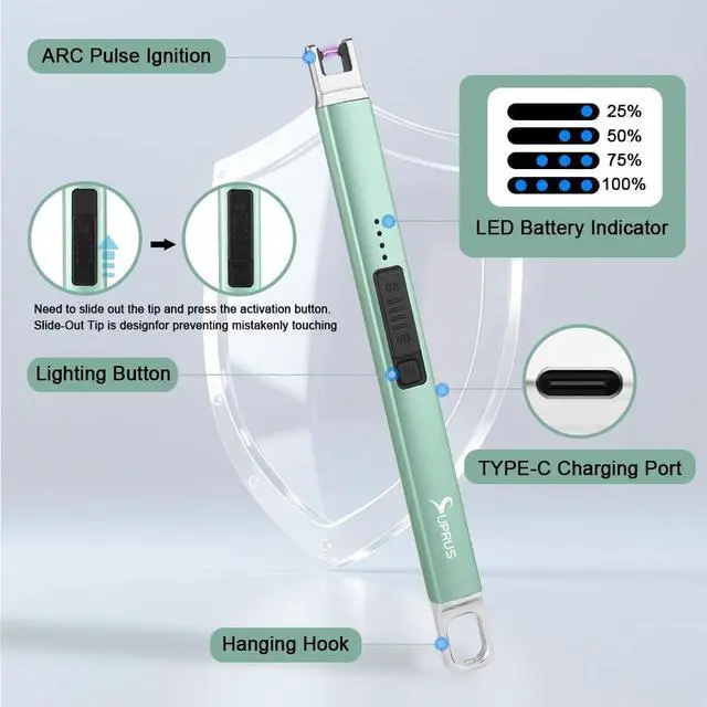 Alt view image 2 of 7 - Candle Lighter Arc Electric Lighter Windproof Flameless with Safety Switch for Camping BBQ Birthday, Giftbox for Mom Wife Friend (Green)