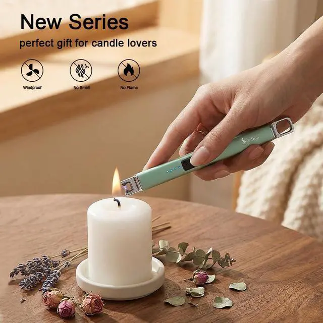 Alt view image 5 of 7 - Candle Lighter Arc Electric Lighter Windproof Flameless with Safety Switch for Camping BBQ Birthday, Giftbox for Mom Wife Friend (Green)