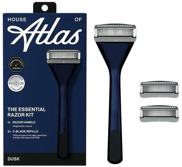 Main image of House of Atlas Essential Razor for Men, Handle + 2 Razor Blade Refills, Precision Trim Edge (Dusk)
