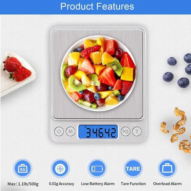 Alt view image 2 of 7 - Digital Kitchen Scale, 500g/0.01g Gram Scale,Cooking Food Scale Digital Weight Grams and OZ with LCD Display, Digital Jewelry Coffee Scale with 2 Trays,Auto Off, TareStainless Steel