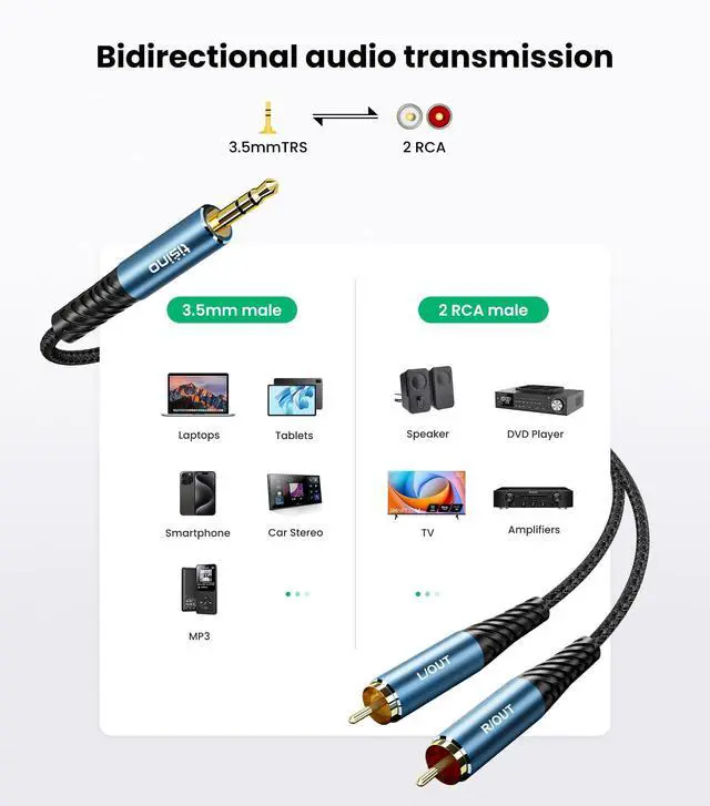 Alt view image 2 of 7 - RCA to 3.5mm AUX Cable, 2 RCA Male to 1/8" TRS Headphone Jack Auxiliary Cable for Connecting Cell Phone, MP3 Players to Amplifier, TV(1.5m/5FT)