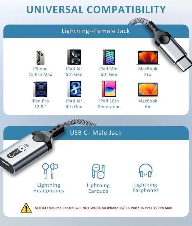 Alt view image 2 of 7 - USB C to Lightning Audio Adapter for iPhone 15 16 Pro Max 17 Air iPad Pro iPad 10 USB C Male to Lightning Female Connector Headphone Adapter for iPad Air 5 Mini 6 MacBook Mac, NOT Support Charging