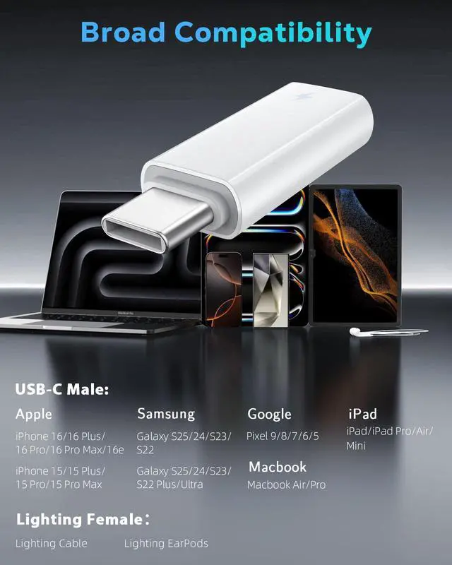 Alt view image 7 of 7 - 60W USB C to Lightning Headphone Audio Adapter for iPhone 17 Air 16 16e 15 Pro Max Plus, iPad Pro/Air - PD Fast Charging Data Lightning to USB C Adapter for Earphones, Not for OTG/Lavalier Microphone