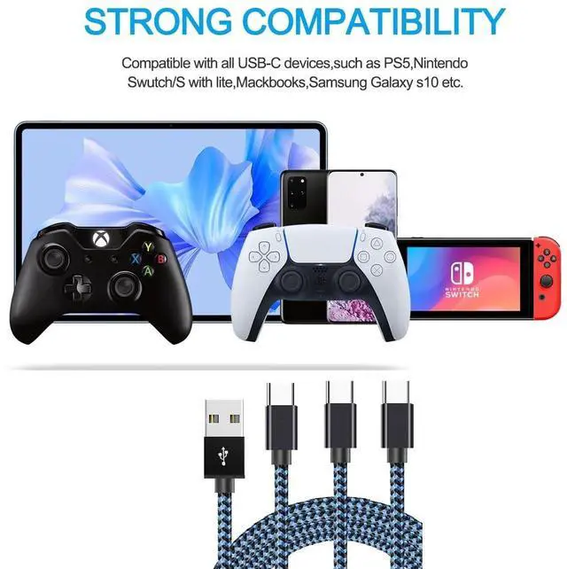 Alt view image 4 of 7 - PS5 Charging Cable 3Pack 10FT PlayStation 5 Controller Charger Cord,Xbox Series X/S Controller Charger Cable Nintendo Switch USB C Cord Nylon Braided Type-C Ports for Fire HD 10 11 12th Newer Fire