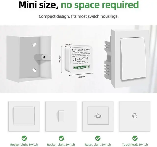 Alt view image 3 of 7 - WiFi Smart Light Switch, Mini Smart Breaker Module, APP/Voice Remote Control, Compatible with Alexa, Google Home, Tuya/Smart Life (1/2 Way, AC 100-240V)