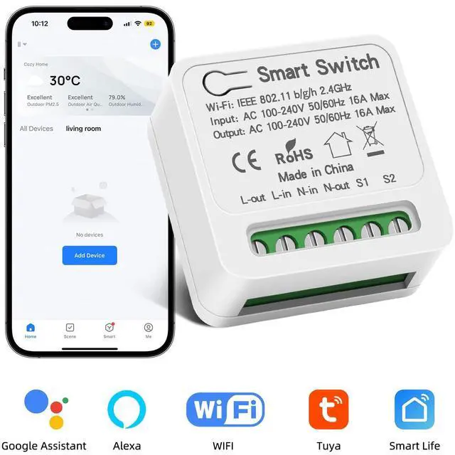 Alt view image 2 of 7 - WiFi Smart Light Switch, Mini Smart Breaker Module, APP/Voice Remote Control, Compatible with Alexa, Google Home, Tuya/Smart Life (1/2 Way, AC 100-240V)