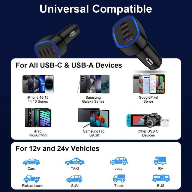 Alt view image 7 of 7 - Samsung Car Charger USB C 90W Fast Charging Adapter for Samsung Galaxy A17 A16 A15 5G A56 A36 S25 Edge S24 Ultra S23 S22 S21 4Port Cigarette Lighter Fast Car Phone Charger for iPhone 17 16 Pro Max 15