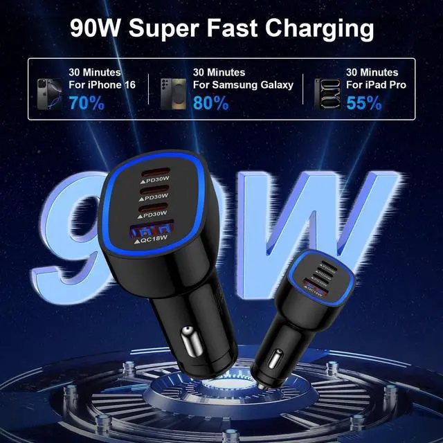 Alt view image 2 of 7 - Samsung Car Charger USB C 90W Fast Charging Adapter for Samsung Galaxy A17 A16 A15 5G A56 A36 S25 Edge S24 Ultra S23 S22 S21 4Port Cigarette Lighter Fast Car Phone Charger for iPhone 17 16 Pro Max 15