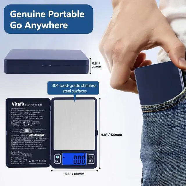 Alt view image 3 of 6 - 500g Digital Gram Scale in 0.01g, High Accuracy Assured by Built-in Level Bubble, Scale Professional Since 2001, Pocket Scale for Multi-Function: Kitchen, Food, Jewelry, Lab, Coffee, Blue