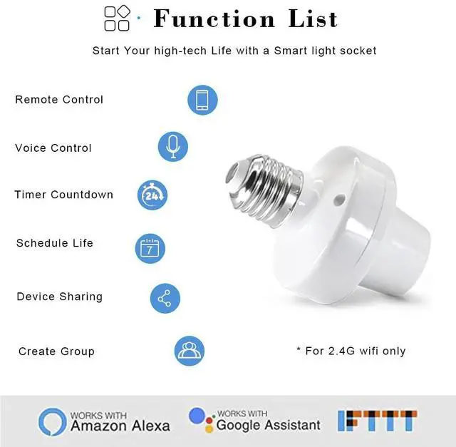 Alt view image 2 of 7 - Wi-Fi Smart 2.4G Remote Control Light Socket E26 E27 Bulb Socket Adapter, eWeLink APP Remote Timing, Compatible with Alexa and Google