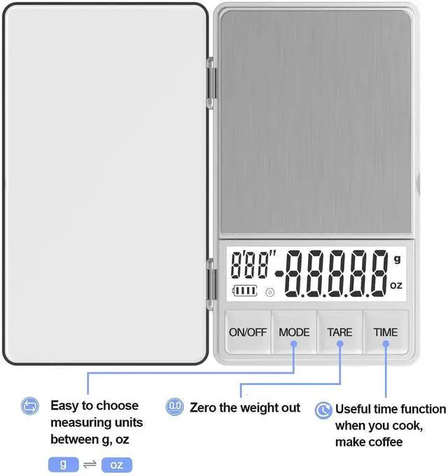 Alt view image 3 of 6 - Small Coffee Scale with Timer, Espresso Scale with Timer 1000 x 0.1g, Mini Food Scale Large Backlit LCD Display Stainless Steel, Digital Pocket Scale Grams and Ounces