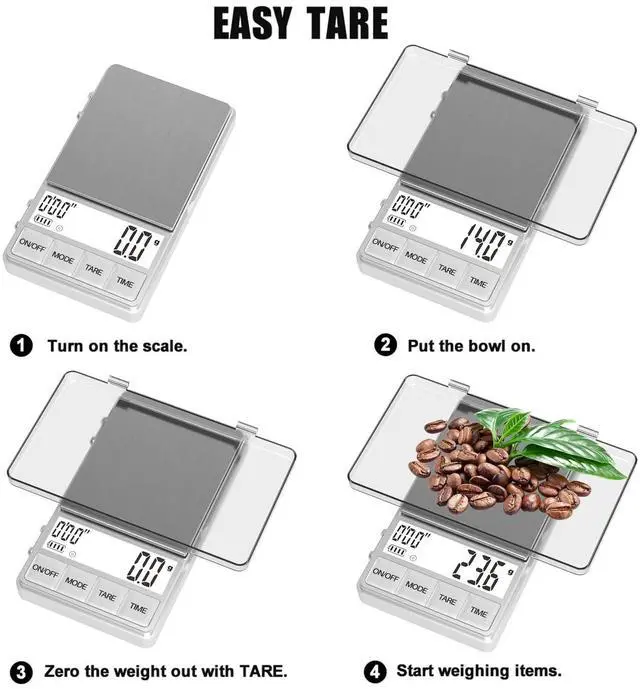 Alt view image 4 of 6 - Small Coffee Scale with Timer, Espresso Scale with Timer 1000 x 0.1g, Mini Food Scale Large Backlit LCD Display Stainless Steel, Digital Pocket Scale Grams and Ounces