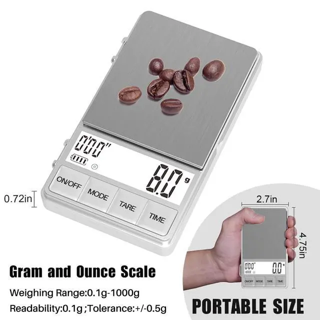 Alt view image 6 of 6 - Small Coffee Scale with Timer, Espresso Scale with Timer 1000 x 0.1g, Mini Food Scale Large Backlit LCD Display Stainless Steel, Digital Pocket Scale Grams and Ounces