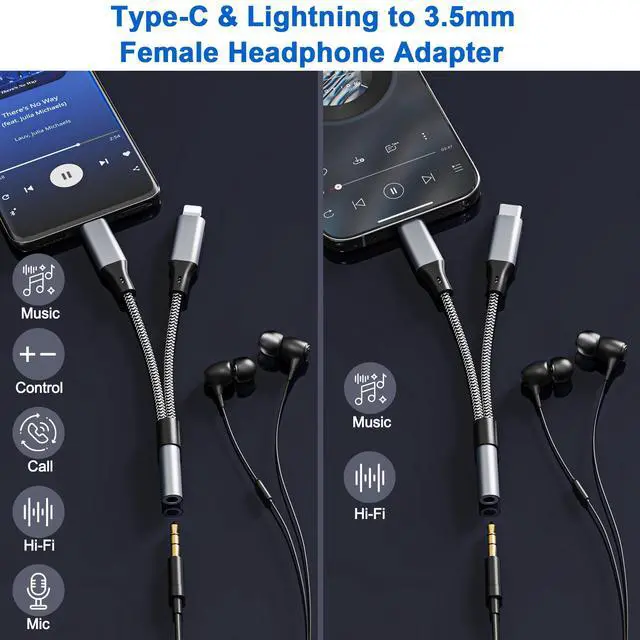 Alt view image 2 of 7 - USB C and Lightning to 3.5 mm Headphone Adapter for iPhone - 2 in 1 USB C to 3.5mm & Lighting to 3.5mm Aux to USB C and Lightning Audio adapter for iPhone17 16 15 14 13 12 Pro Galaxy S24 S23 iPad Mac