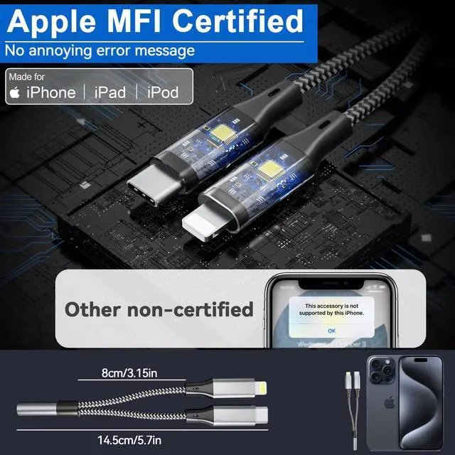 Alt view image 5 of 7 - USB C and Lightning to 3.5 mm Headphone Adapter for iPhone - 2 in 1 USB C to 3.5mm & Lighting to 3.5mm Aux to USB C and Lightning Audio adapter for iPhone17 16 15 14 13 12 Pro Galaxy S24 S23 iPad Mac