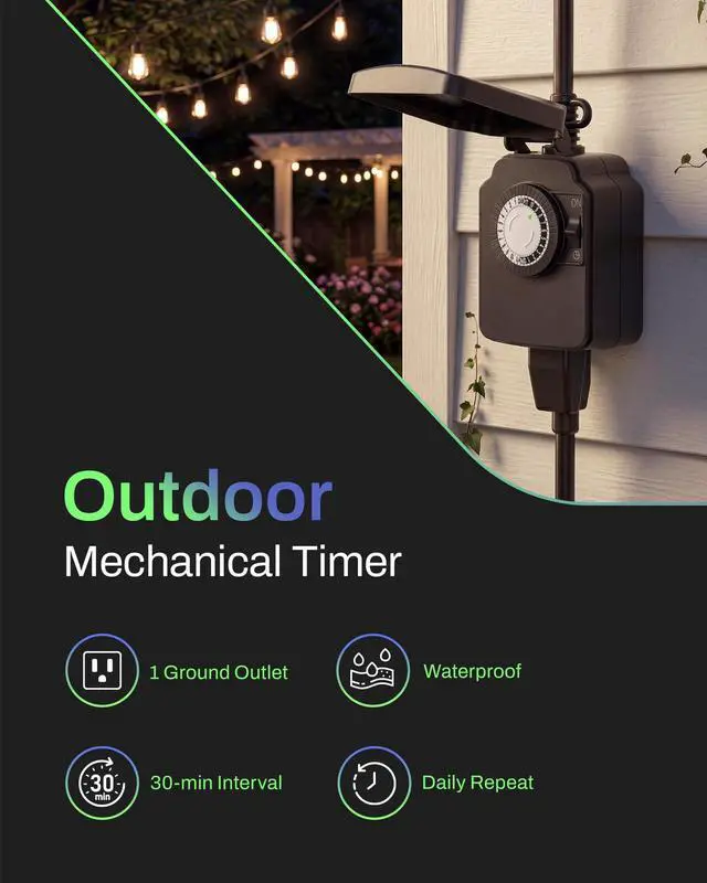 Alt view image 2 of 7 - 24 Hour Heavy Duty Mechanical Timer, Outdoor Timer Outlet Waterproof with 30 Minutes Intervals, 1 Grounded Outlets for Christmas Lights Pool Pump,15A 1/2HP, ETL Listed