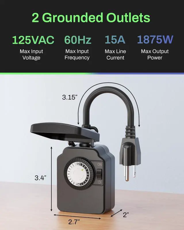 Alt view image 7 of 7 - 24 Hour Heavy Duty Mechanical Timer, Outdoor Timer Outlet Waterproof with 30 Minutes Intervals, 1 Grounded Outlets for Christmas Lights Pool Pump,15A 1/2HP, ETL Listed