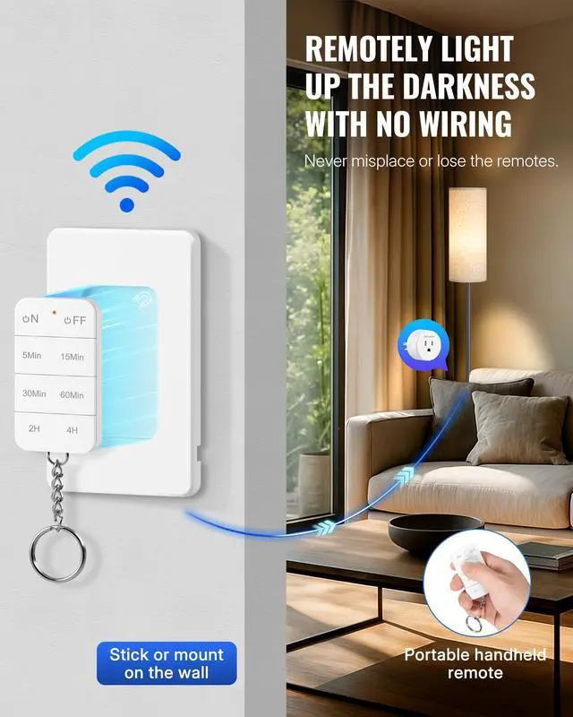 Alt view image 4 of 7 - Remote Control Outlet with Timer, WILAWELS Indoor Outlet Timer with Remote, 100FT Wireless Control Range, 15A/1875W, Remote Outlet Switch Countdown Time for Household Appliances W13RC1106