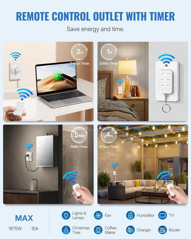 Alt view image 3 of 7 - Remote Control Outlet with Timer, WILAWELS Indoor Outlet Timer with Remote, 100FT Wireless Control Range, 15A/1875W, Remote Outlet Switch Countdown Time for Household Appliances W13RC1106