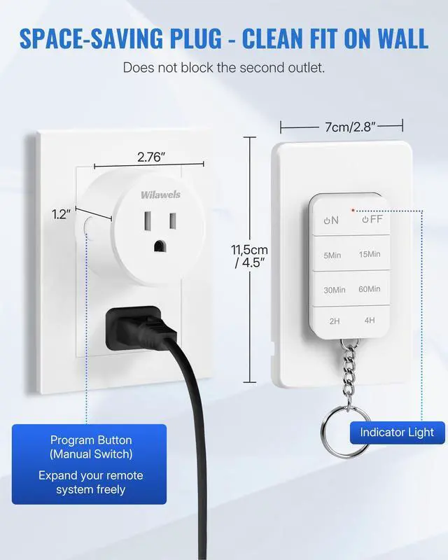 Alt view image 7 of 7 - Remote Control Outlet with Timer, WILAWELS Indoor Outlet Timer with Remote, 100FT Wireless Control Range, 15A/1875W, Remote Outlet Switch Countdown Time for Household Appliances W13RC1106