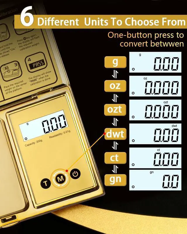 Alt view image 6 of 7 - Digital Pocket Gram Scale 0.01g Accuracy,6 Units iiiBumwow 200g Mini Digital Scale Grams,Tare Function Small Food Scale,Jewelry Scale,Ounces Grains Milligram Scale (Golden/Batteries Included)