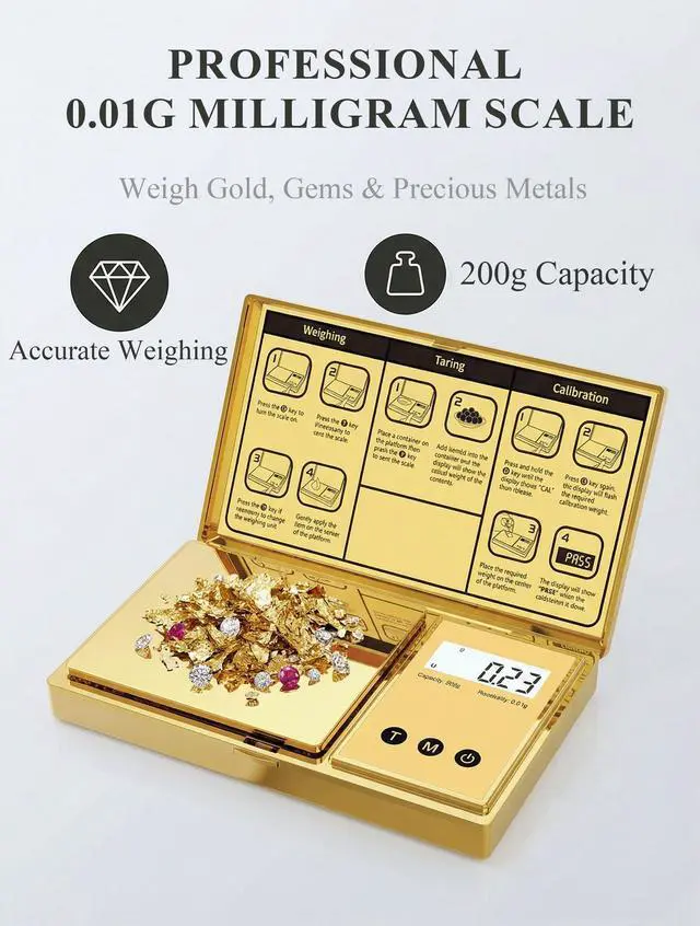 Alt view image 2 of 7 - Digital Pocket Gram Scale 0.01g Accuracy,6 Units iiiBumwow 200g Mini Digital Scale Grams,Tare Function Small Food Scale,Jewelry Scale,Ounces Grains Milligram Scale (Golden/Batteries Included)