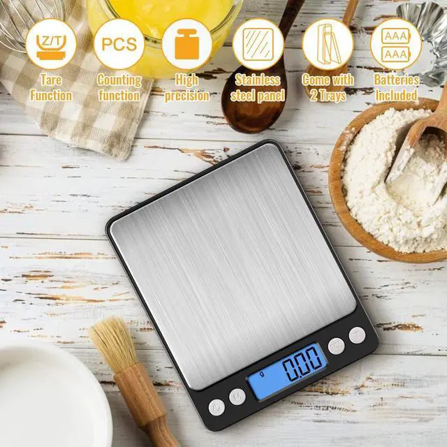 Alt view image 2 of 7 - Digital Kitchen Scale 500g/0.01g, High Precision Cooking Food Scale, Mini Gram Scale with LCD Display, 2 Trays, 6 Units, Auto Off, Tare Function, Christmas Gift (Batteries Included) (Black)