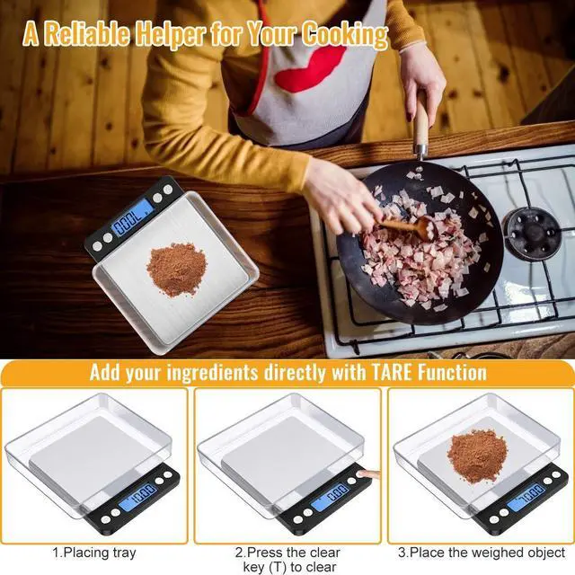 Alt view image 4 of 7 - Digital Kitchen Scale 500g/0.01g, High Precision Cooking Food Scale, Mini Gram Scale with LCD Display, 2 Trays, 6 Units, Auto Off, Tare Function, Christmas Gift (Batteries Included) (Black)