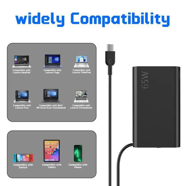 Alt view image 6 of 7 - 2025 New Slim Replacement for 65W Lenovo Laptop Charger USB C Compatible with Lenovo ThinkPad/Yoga/Chromebook Laptop Computer Type C Fast Power Adapter