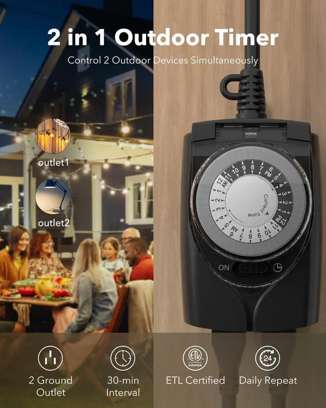 Alt view image 2 of 7 - Outdoor Timer Outlet Waterproof, 24 Hour Mechanical Light Timers for Electrical Outlets Outdoor Weatherproof, 2 Grounded Outlets for Christmas Lights, Holiday Decorations, 15A 1/2HP