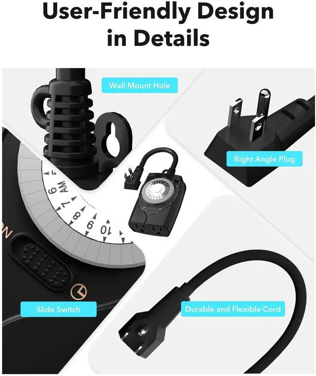 Alt view image 4 of 7 - Outdoor Timer Outlet Waterproof, 24 Hour Mechanical Light Timers for Electrical Outlets Outdoor Weatherproof, 2 Grounded Outlets for Christmas Lights, Holiday Decorations, 15A 1/2HP