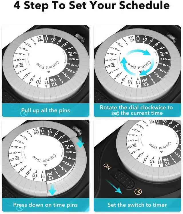 Alt view image 6 of 7 - Outdoor Timer Outlet Waterproof, 24 Hour Mechanical Light Timers for Electrical Outlets Outdoor Weatherproof, 2 Grounded Outlets for Christmas Lights, Holiday Decorations, 15A 1/2HP