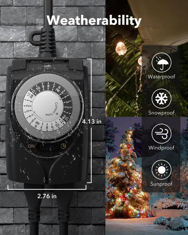 Alt view image 5 of 7 - Outdoor Timer Outlet Waterproof, 24 Hour Mechanical Light Timers for Electrical Outlets Outdoor Weatherproof, 2 Grounded Outlets for Christmas Lights, Holiday Decorations, 15A 1/2HP