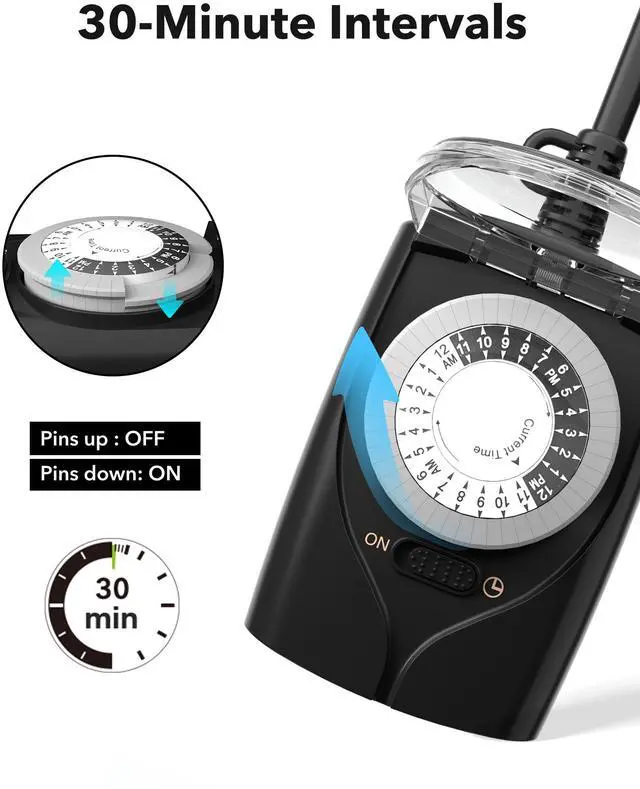 Alt view image 3 of 7 - Outdoor Timer Outlet Waterproof, 24 Hour Mechanical Light Timers for Electrical Outlets Outdoor Weatherproof, 2 Grounded Outlets for Christmas Lights, Holiday Decorations, 15A 1/2HP