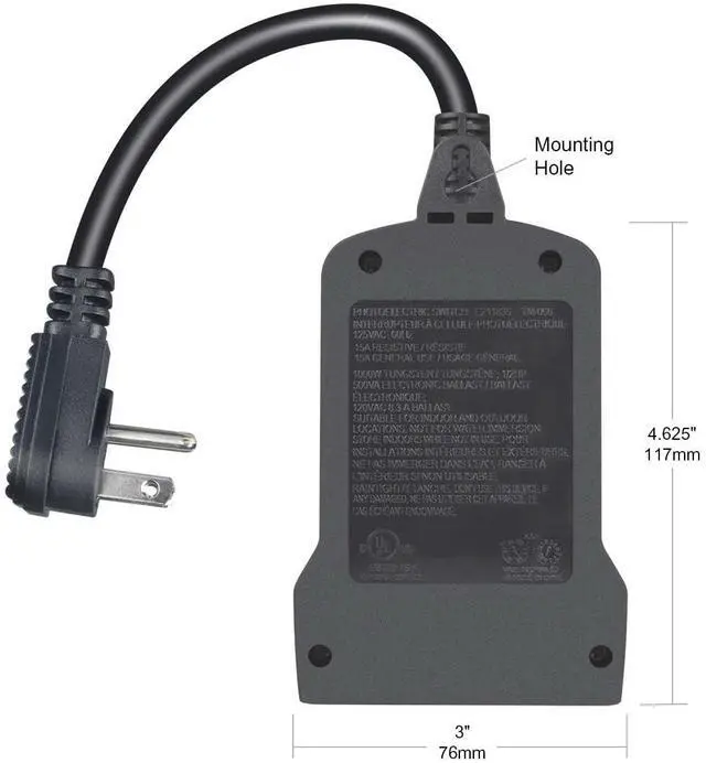 Alt view image 4 of 5 - Outdoor 24-Hour Light Timer, Water Resistant, Photocell Dusk to Dawn Light Sensor Countdown Timer, 14AWG Cord, Two Grounded Outlets for Home, Christmas Lights, Garden.15A, UL Listed.