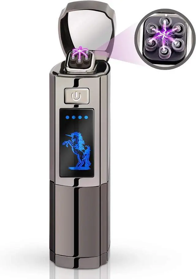Main image of Triple Arc Plasma Lighter, Windproof Electric Lighter USB Rechargeable with LED Battery Indicator, Zinc Alloy Flameless for Camping, Hiking, Outdoor Use, Gift for Men, Silver Grey