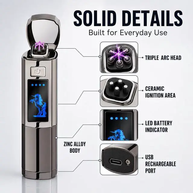 Alt view image 2 of 7 - Triple Arc Plasma Lighter, Windproof Electric Lighter USB Rechargeable with LED Battery Indicator, Zinc Alloy Flameless for Camping, Hiking, Outdoor Use, Gift for Men, Silver Grey