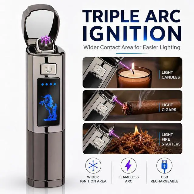 Alt view image 4 of 7 - Triple Arc Plasma Lighter, Windproof Electric Lighter USB Rechargeable with LED Battery Indicator, Zinc Alloy Flameless for Camping, Hiking, Outdoor Use, Gift for Men, Silver Grey