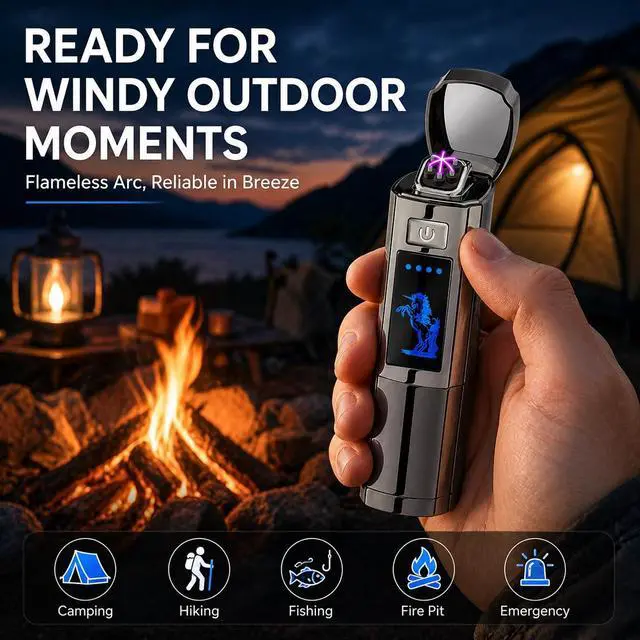 Alt view image 5 of 7 - Triple Arc Plasma Lighter, Windproof Electric Lighter USB Rechargeable with LED Battery Indicator, Zinc Alloy Flameless for Camping, Hiking, Outdoor Use, Gift for Men, Silver Grey