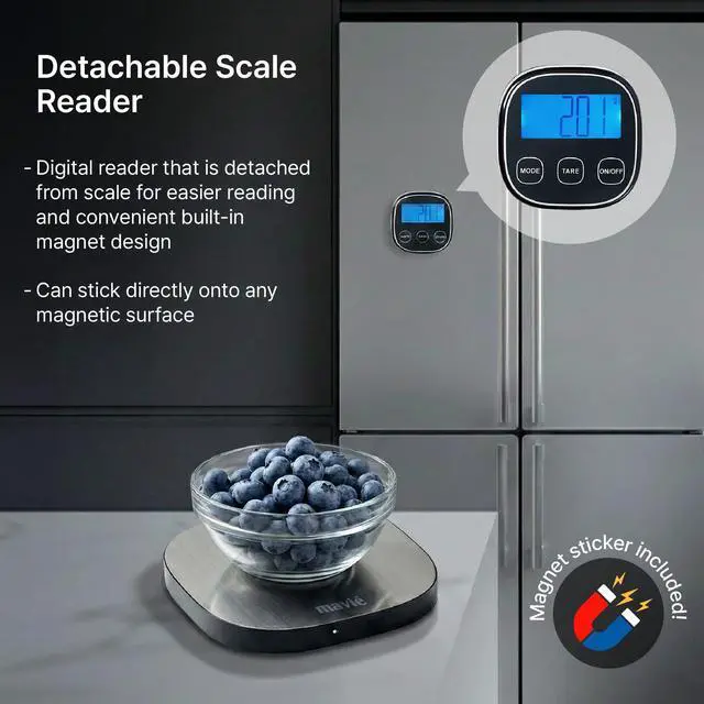 Alt view image 5 of 7 - Wireless Stainless Steel Kitchen Scale with Magnetic Detachable Display, 8 Unit Modes, Precision Tare, 5kg Capacity, Ultra-Slim Digital Food & Baking Scale