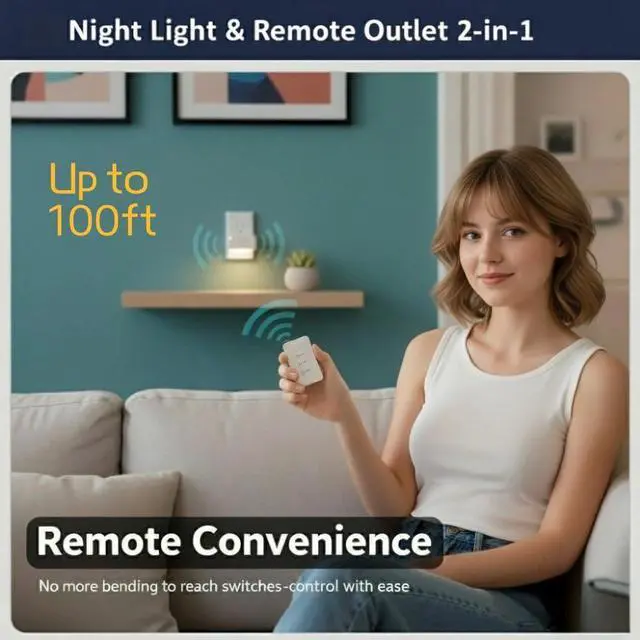 Alt view image 6 of 7 - 2-in-1 Remote Control Outlet with Night Light Plug Into Wall(Timer & Dimmable) 100ft Range No WiFi Needed Wall Mount Switch for Bedroom, Hallway, Small Appliances & Hard-to-Reach Sockets