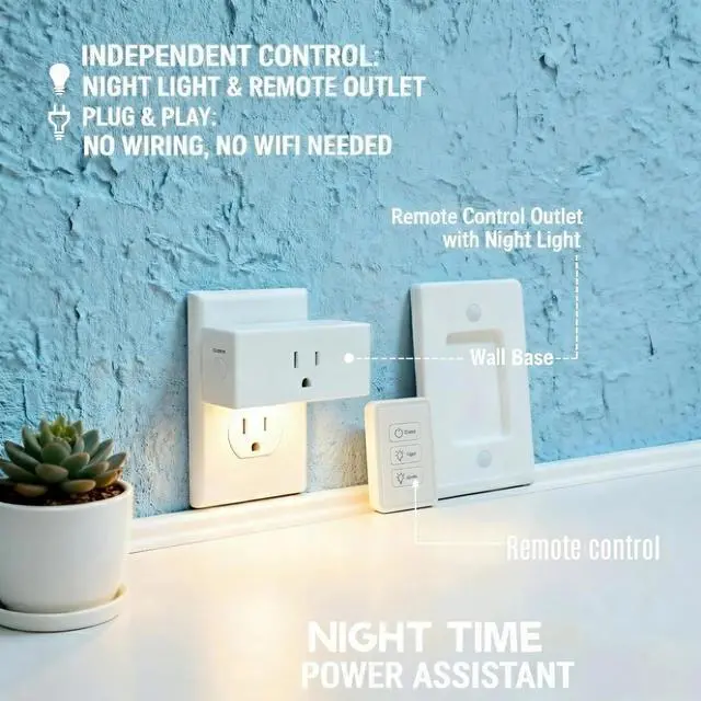 Alt view image 2 of 7 - 2-in-1 Remote Control Outlet with Night Light Plug Into Wall(Timer & Dimmable) 100ft Range No WiFi Needed Wall Mount Switch for Bedroom, Hallway, Small Appliances & Hard-to-Reach Sockets
