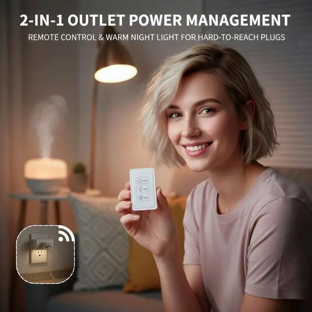 Alt view image 3 of 7 - 2-in-1 Remote Control Outlet with Night Light Plug Into Wall(Timer & Dimmable) 100ft Range No WiFi Needed Wall Mount Switch for Bedroom, Hallway, Small Appliances & Hard-to-Reach Sockets
