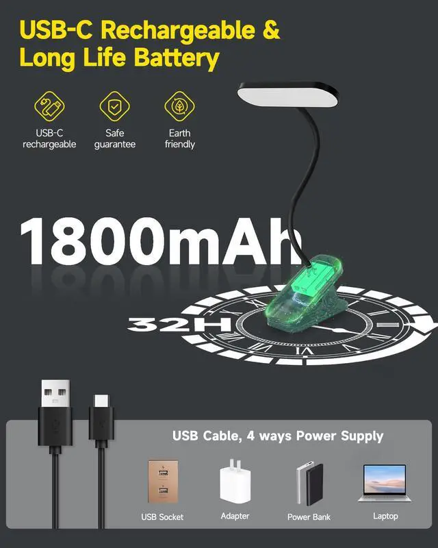Alt view image 2 of 7 - Desk Lamp Clip on Reading Light, USB-C Battery-Operated Rechargeable Table Lamps with Clamp for Dorm Home Office, 38LEDs Bed Headboard Light, 5 Colors 5 Brightness, Flexible Goose-Neck (Black)