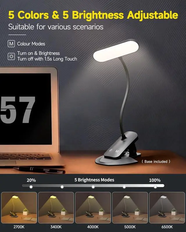 Alt view image 6 of 7 - Desk Lamp Clip on Reading Light, USB-C Battery-Operated Rechargeable Table Lamps with Clamp for Dorm Home Office, 38LEDs Bed Headboard Light, 5 Colors 5 Brightness, Flexible Goose-Neck (Black)