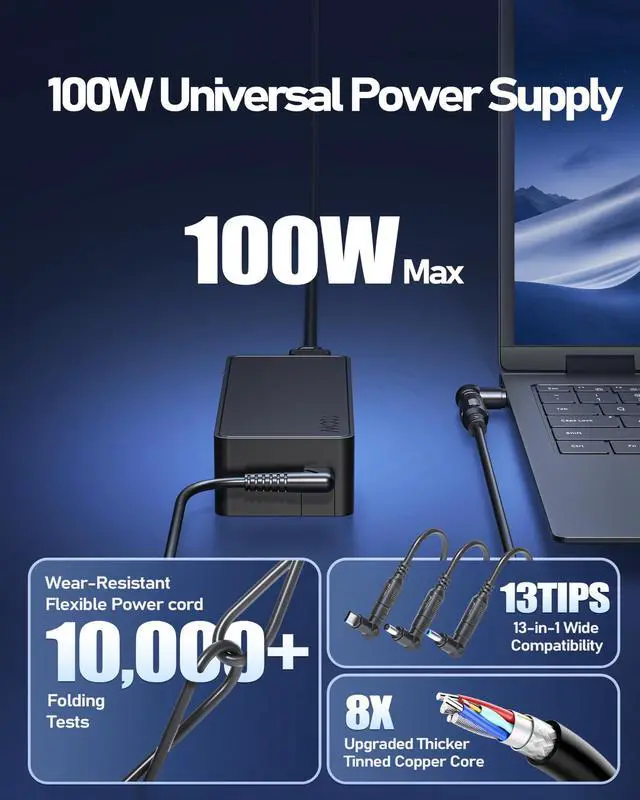 Alt view image 4 of 7 - 100W Type-C Universal Laptop Charger with 13Tips Compatible with Lenovo HP Dell Asus Acer Samsung ThinkPad Yoga Pavilion Envy Latitude Aspire Vivobook Chromebook Notebook Adapter Power Supply