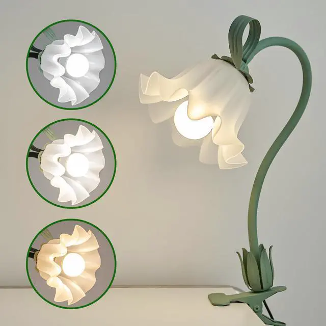 Main image of Flower Lamp Clip on Light, 3 Color Modes Eye-Caring Desk Lamp with Clamp, Dorm Room Essentials, Flexible Neck Reading Clamp Lamps for College Bedside Bookshelf Studying Room (Green)