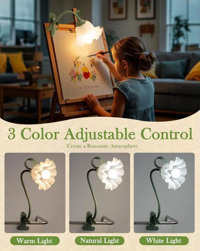 Alt view image 2 of 6 - Flower Lamp Clip on Light, 3 Color Modes Eye-Caring Desk Lamp with Clamp, Dorm Room Essentials, Flexible Neck Reading Clamp Lamps for College Bedside Bookshelf Studying Room (Green)