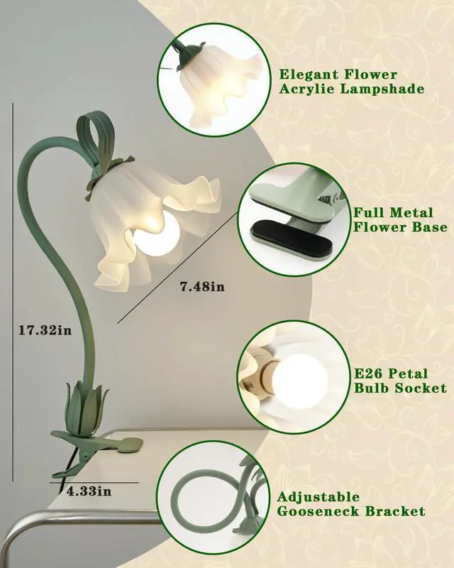 Alt view image 3 of 6 - Flower Lamp Clip on Light, 3 Color Modes Eye-Caring Desk Lamp with Clamp, Dorm Room Essentials, Flexible Neck Reading Clamp Lamps for College Bedside Bookshelf Studying Room (Green)