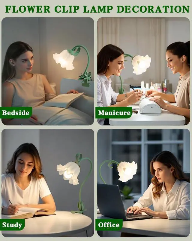 Alt view image 5 of 6 - Flower Lamp Clip on Light, 3 Color Modes Eye-Caring Desk Lamp with Clamp, Dorm Room Essentials, Flexible Neck Reading Clamp Lamps for College Bedside Bookshelf Studying Room (Green)